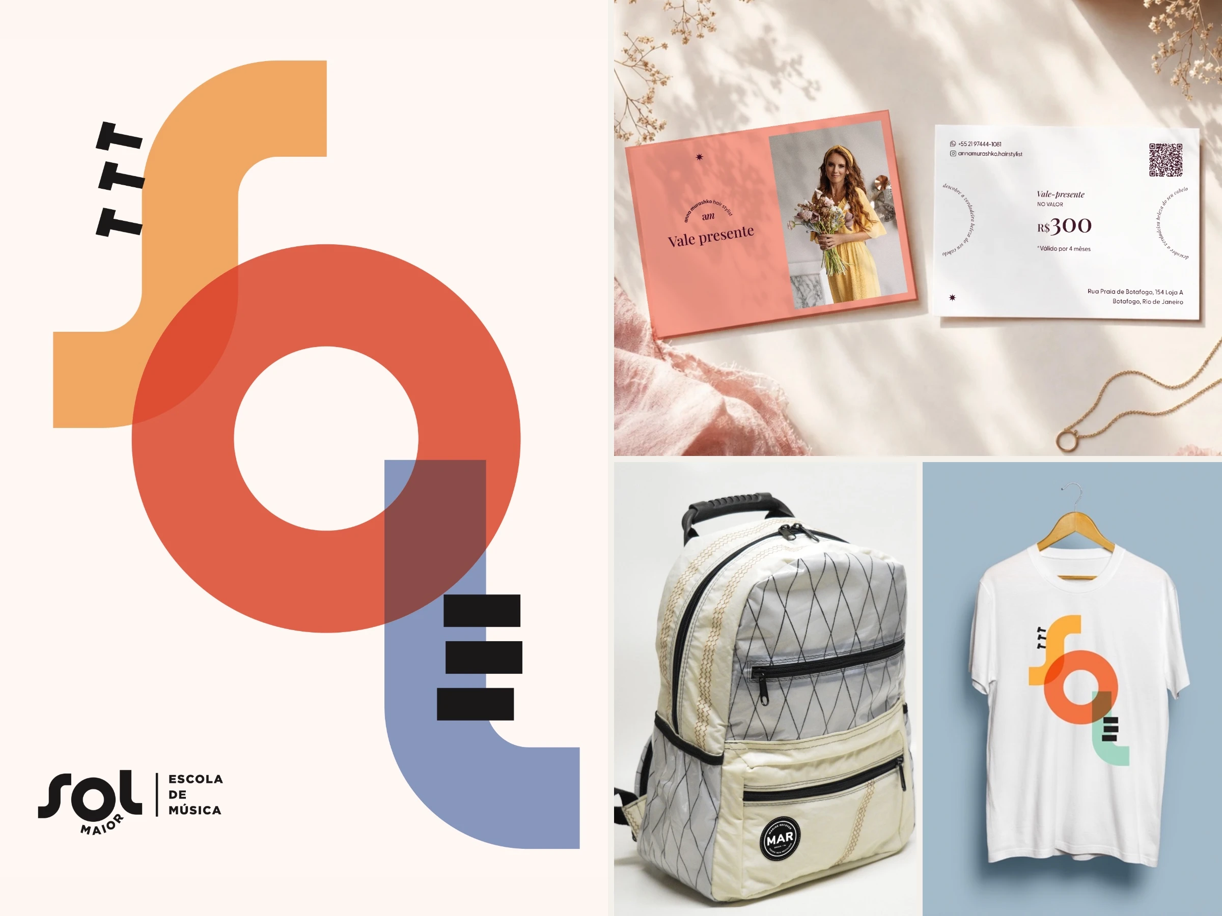 Colagem de aplicações das marcas: cartaz da Sol Maior, vale-presente da Anna Murashko, mochila da MAR e camiseta da Sol Maior.