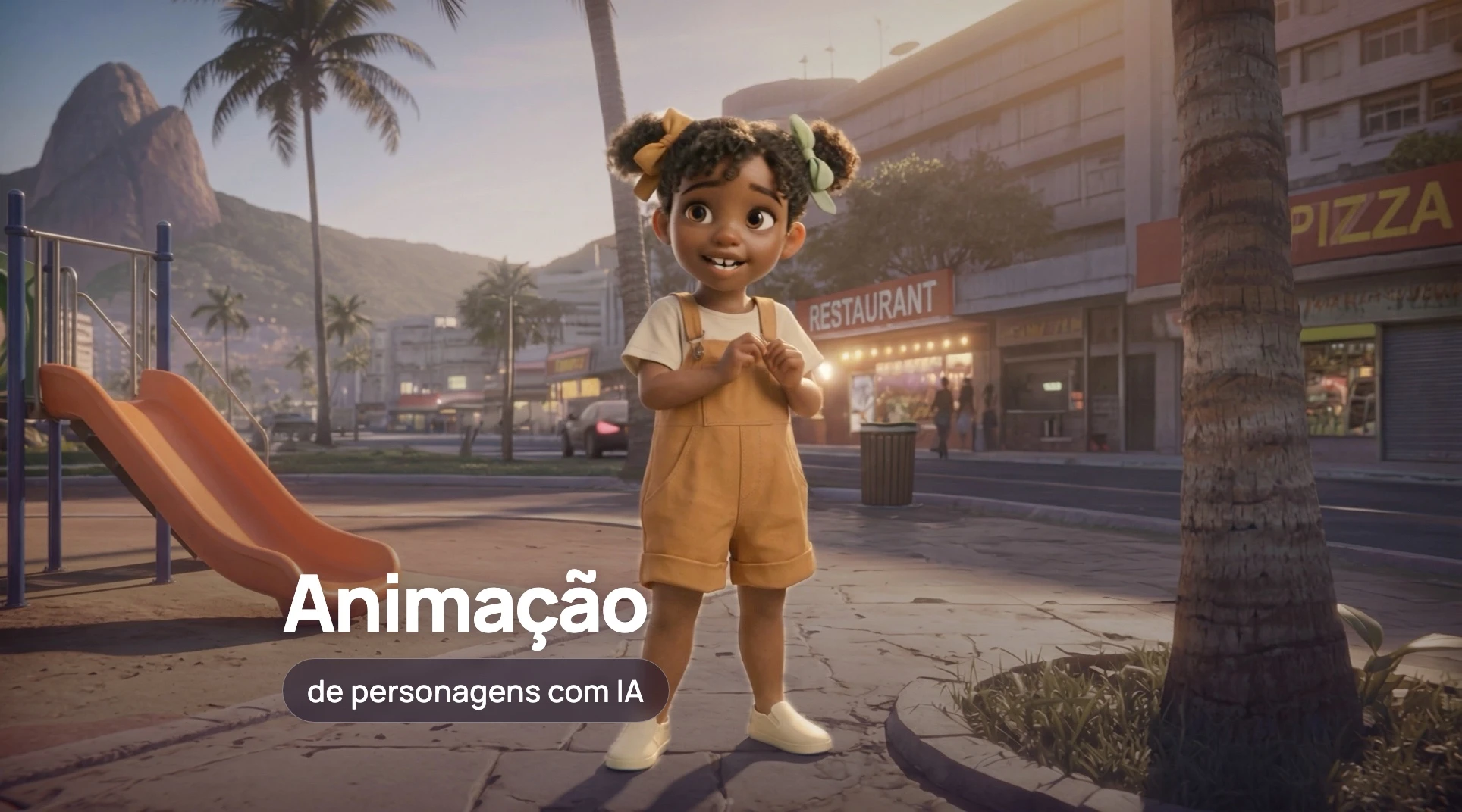 Cena de Her Own Way: a protagonista, uma menina de macacão, sorri de mãos juntas no parquinho, com o Pão de Açúcar ao fundo.