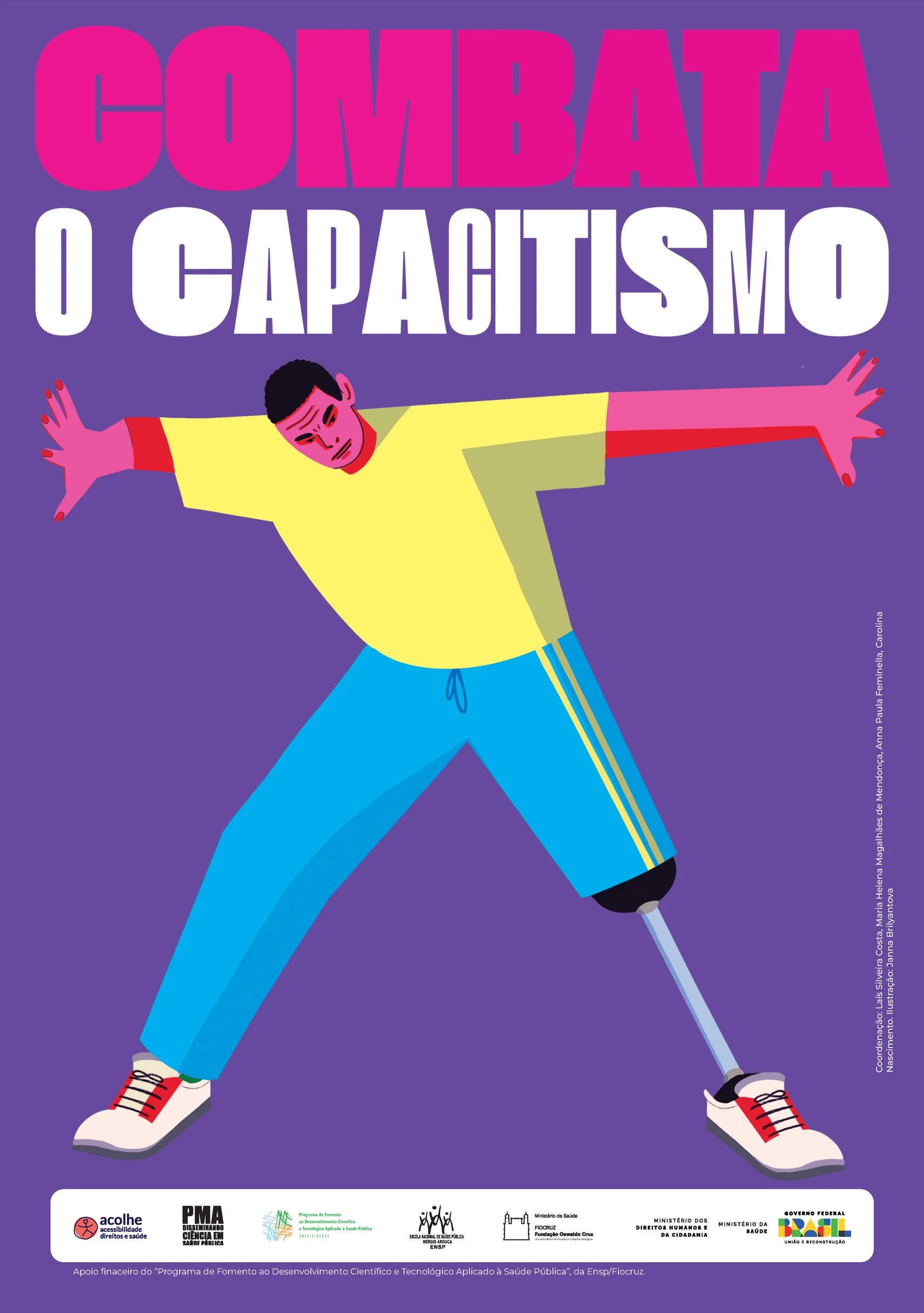 Cartaz Combata o capacitismo: homem com prótese na perna em pose de força sobre fundo roxo.