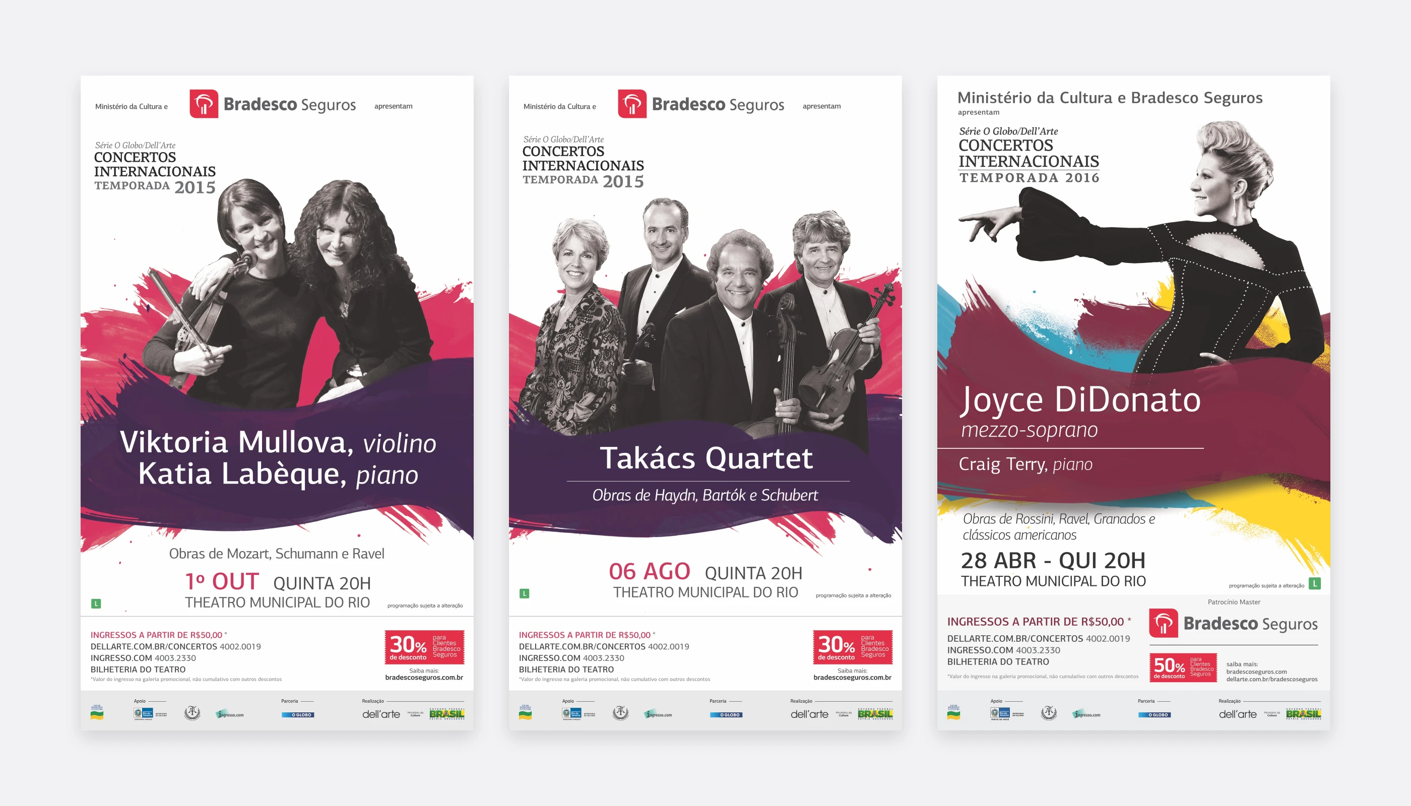 Cartazes de Viktoria Mullova e Katia Labèque, Takács Quartet e Joyce DiDonato, com pinceladas coloridas.