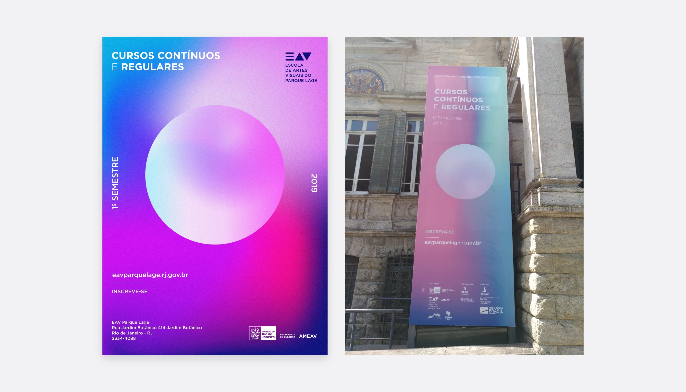 Cartaz de Cursos Contínuos e Regulares com uma esfera em degradê, e o mesmo design em banner na fachada do Palacete.