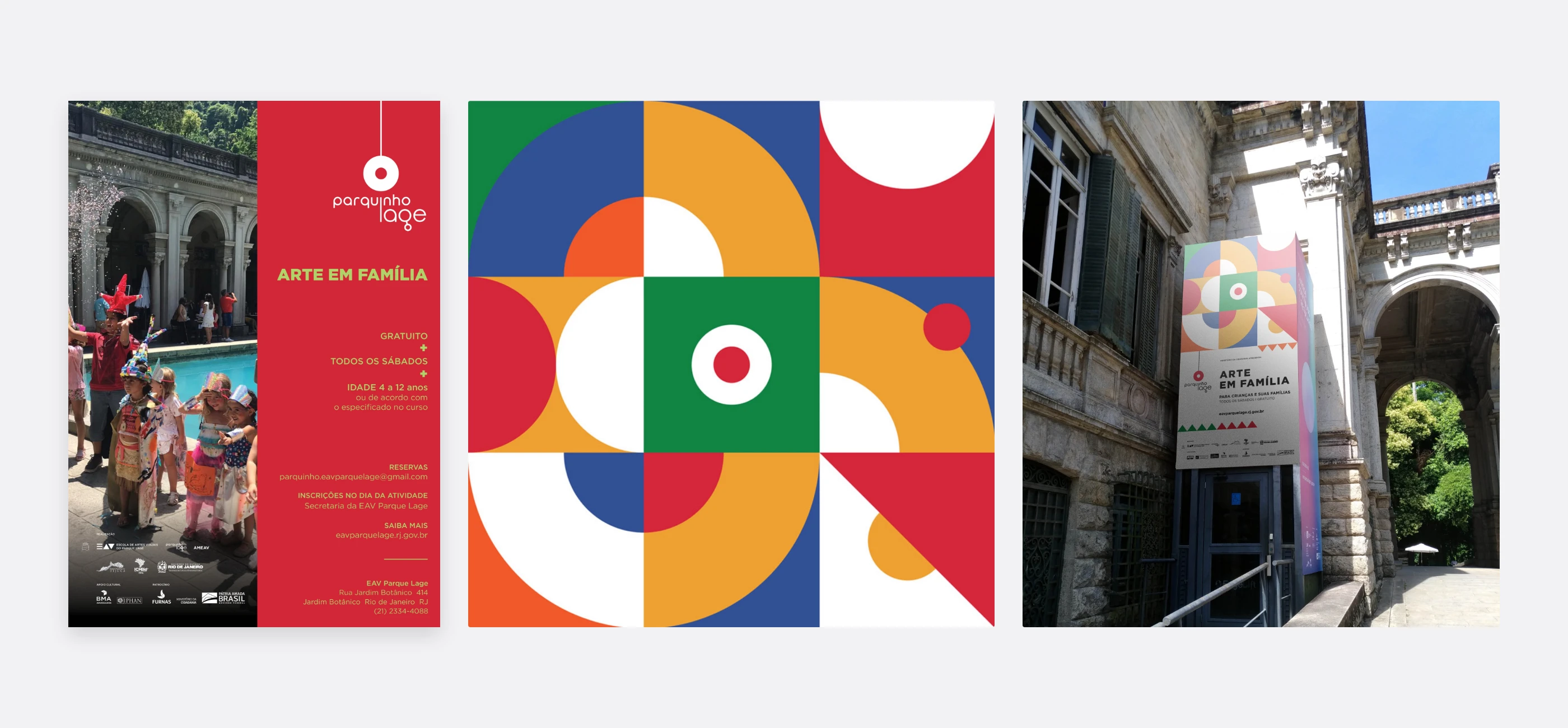 Cartaz do Arte em Família, padrão geométrico colorido e banner no Palacete.