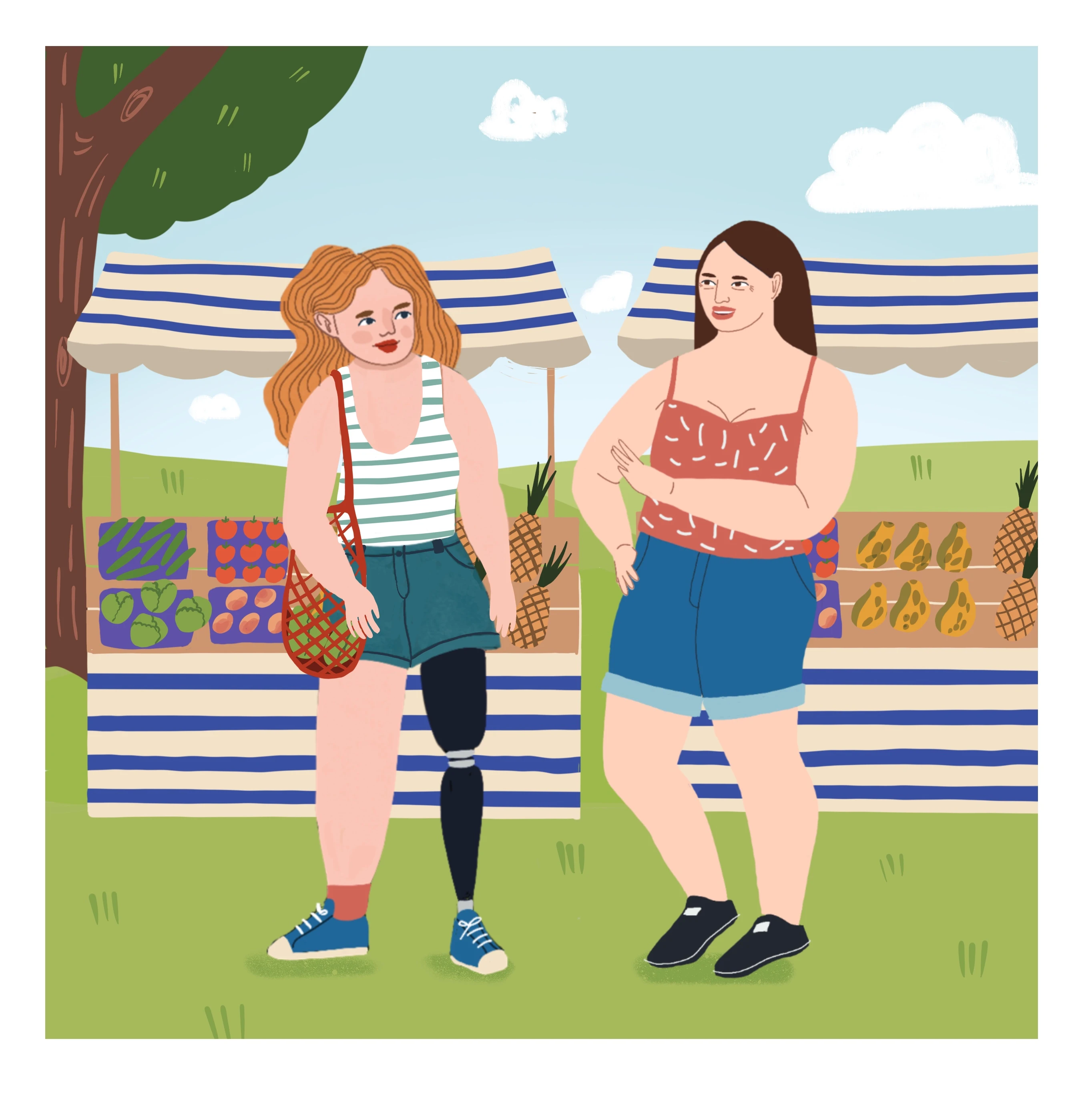 Duas mulheres numa feira livre, uma delas com prótese na perna.