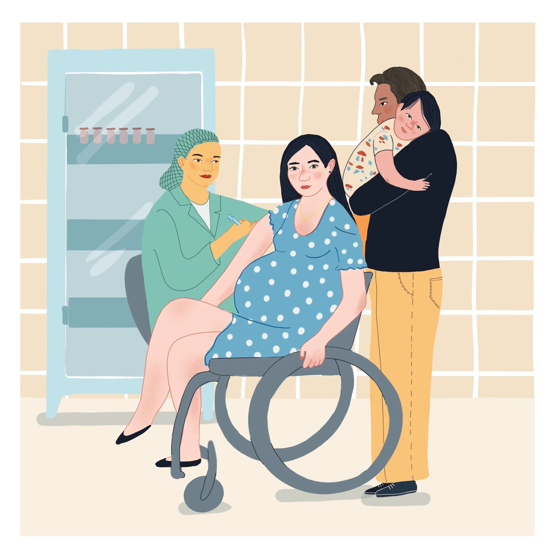 Gestante cadeirante acompanhada no hospital.