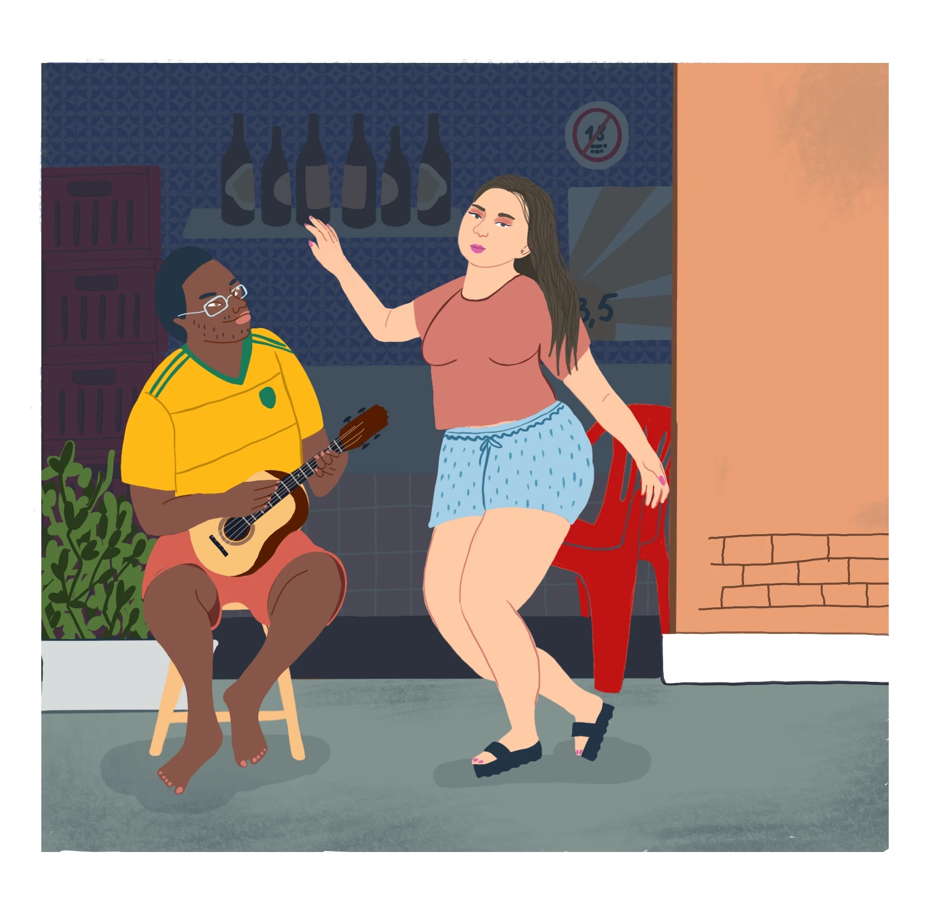 Músico e dançarina numa roda de samba.