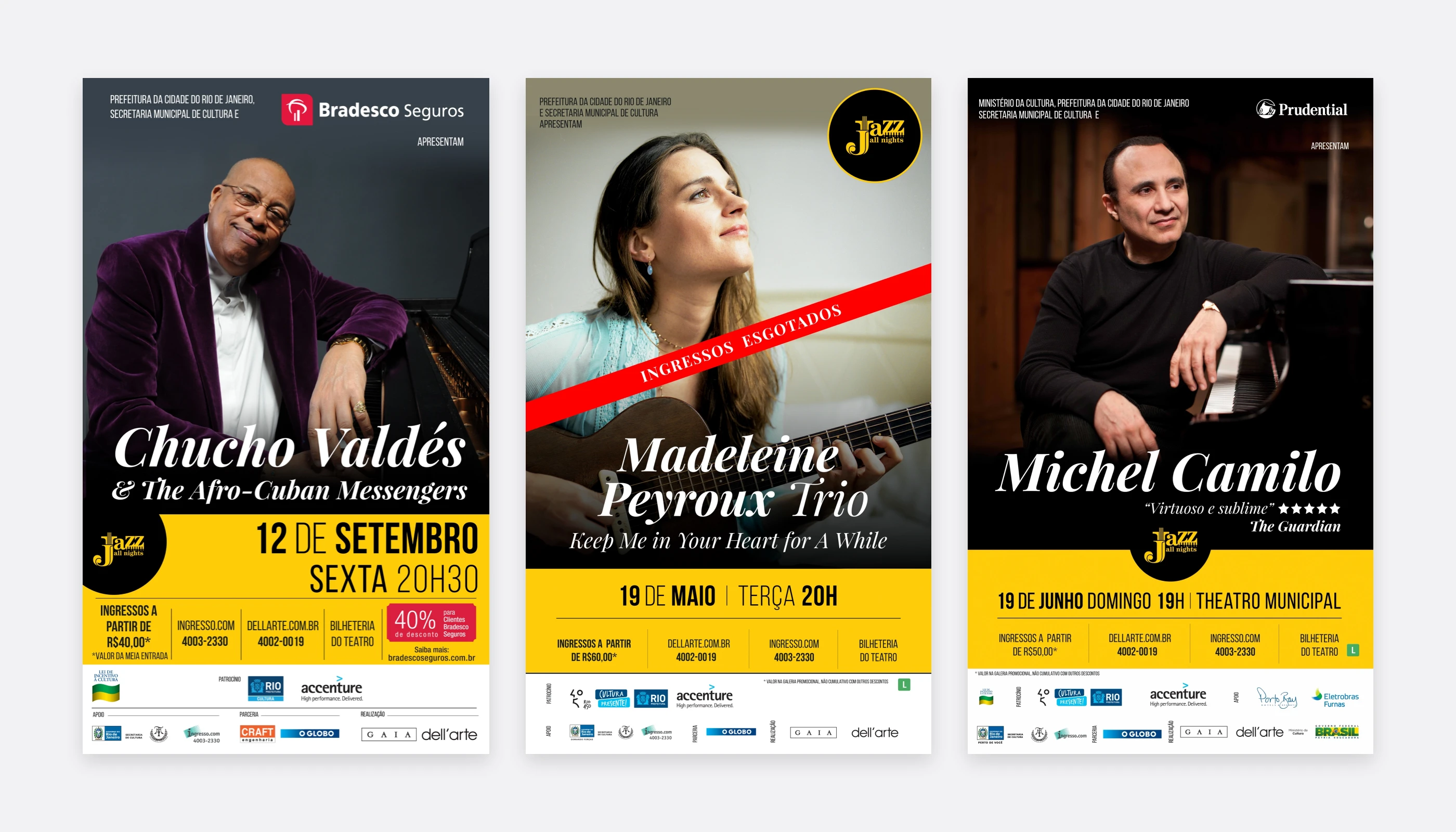 Cartazes de Chucho Valdés, Madeleine Peyroux Trio e Michel Camilo, com faixa amarela e selo Jazz.