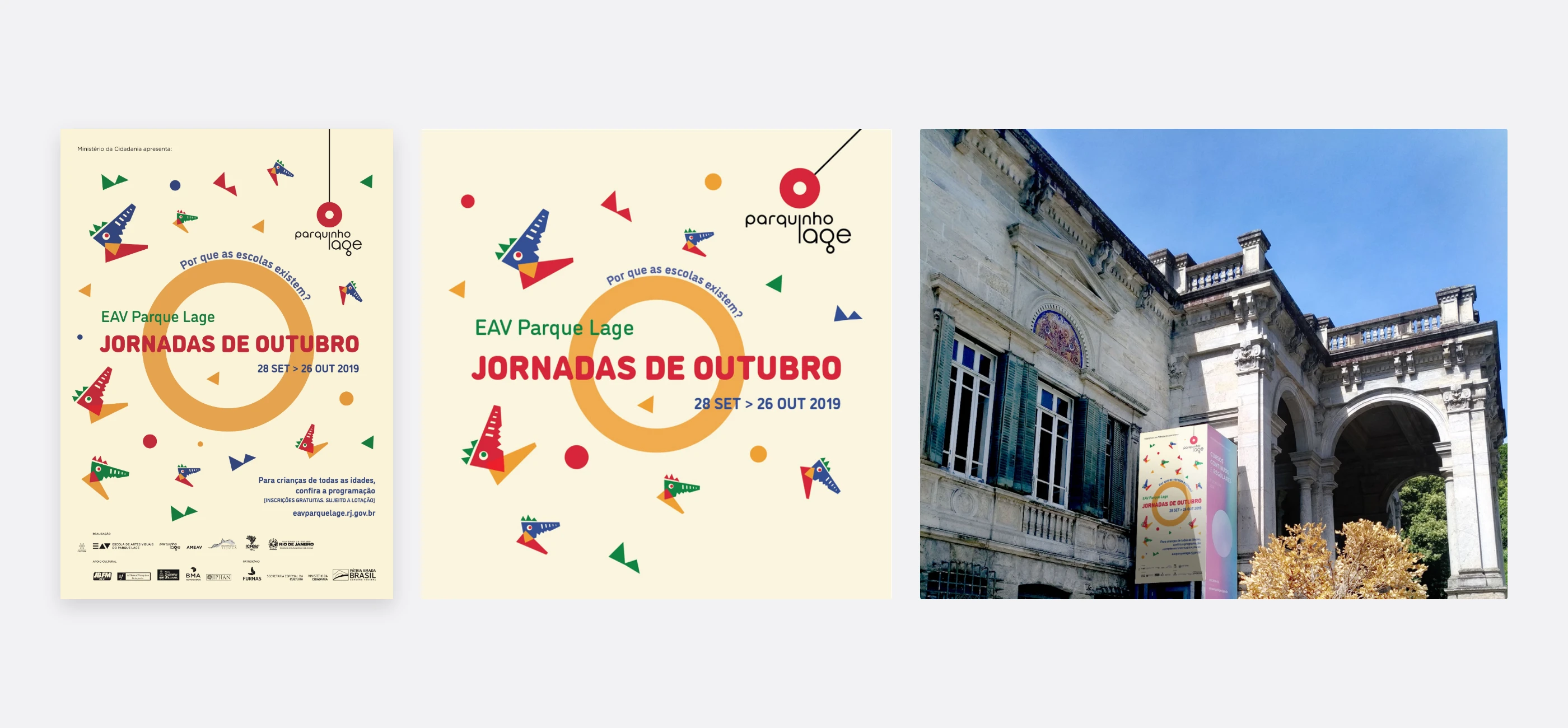 Cartaz e post das Jornadas de Outubro com pássaros coloridos, e banner na fachada.