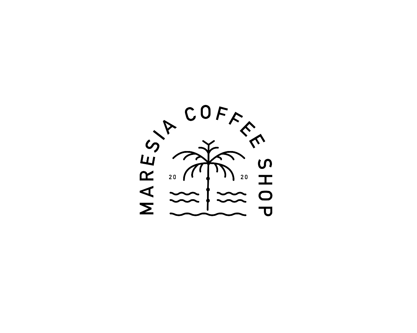 Logo da Maresia Coffee Shop, com palmeira e ondas, e a paleta de quatro cores: azul-petróleo, água, areia e coral de pôr do sol.