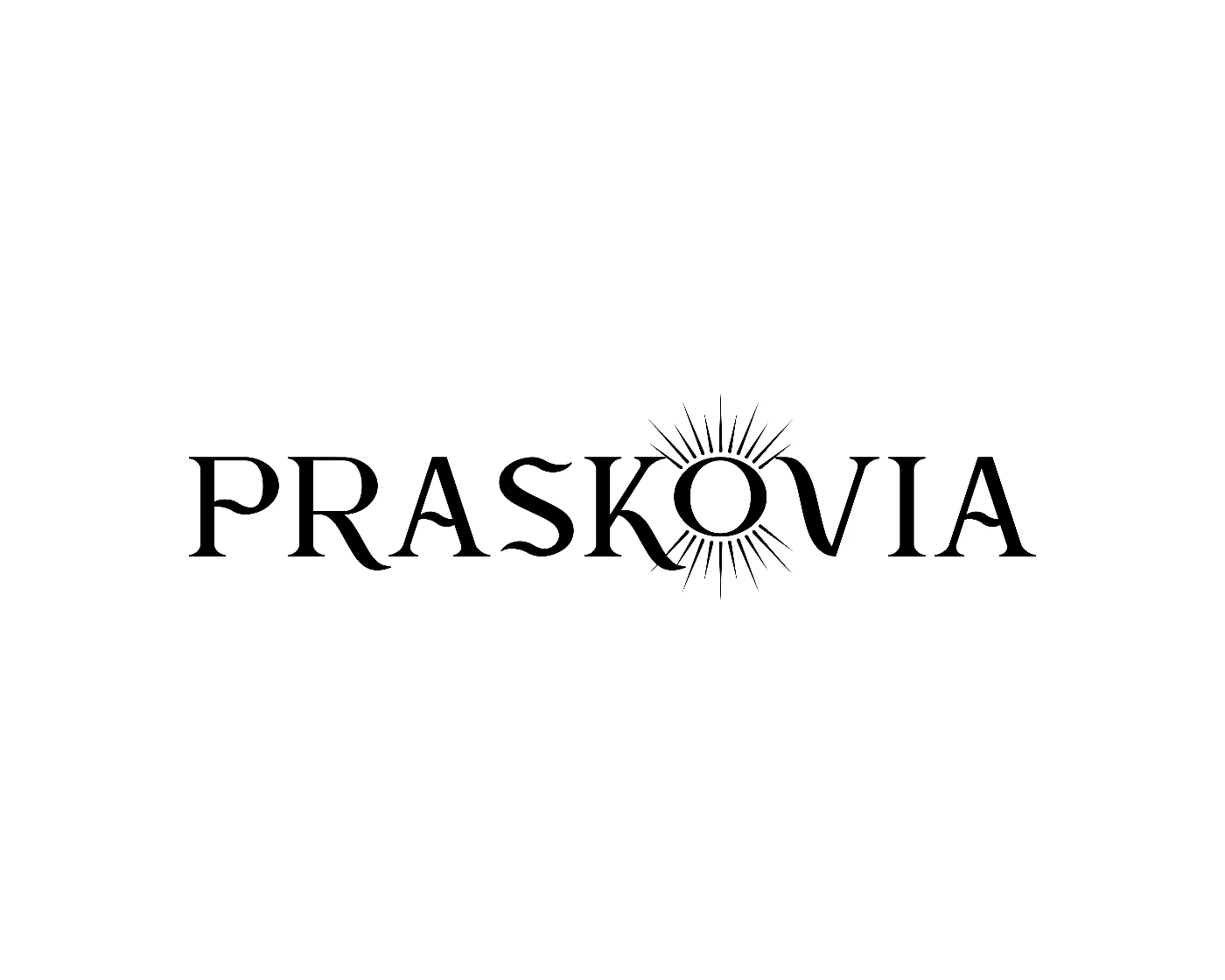 Logo da Praskovia e a paleta de oito cores: índigo, magenta, vinho, laranja, amarelo, âmbar, menta e verde-petróleo.