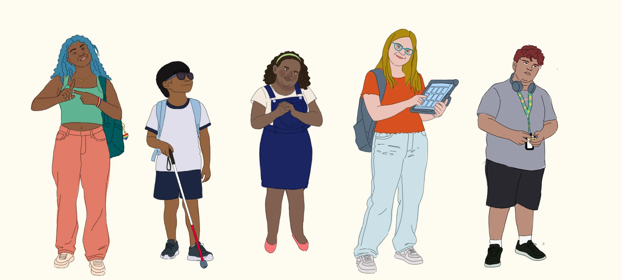 Cinco personagens jovens com características e deficiências diversas.