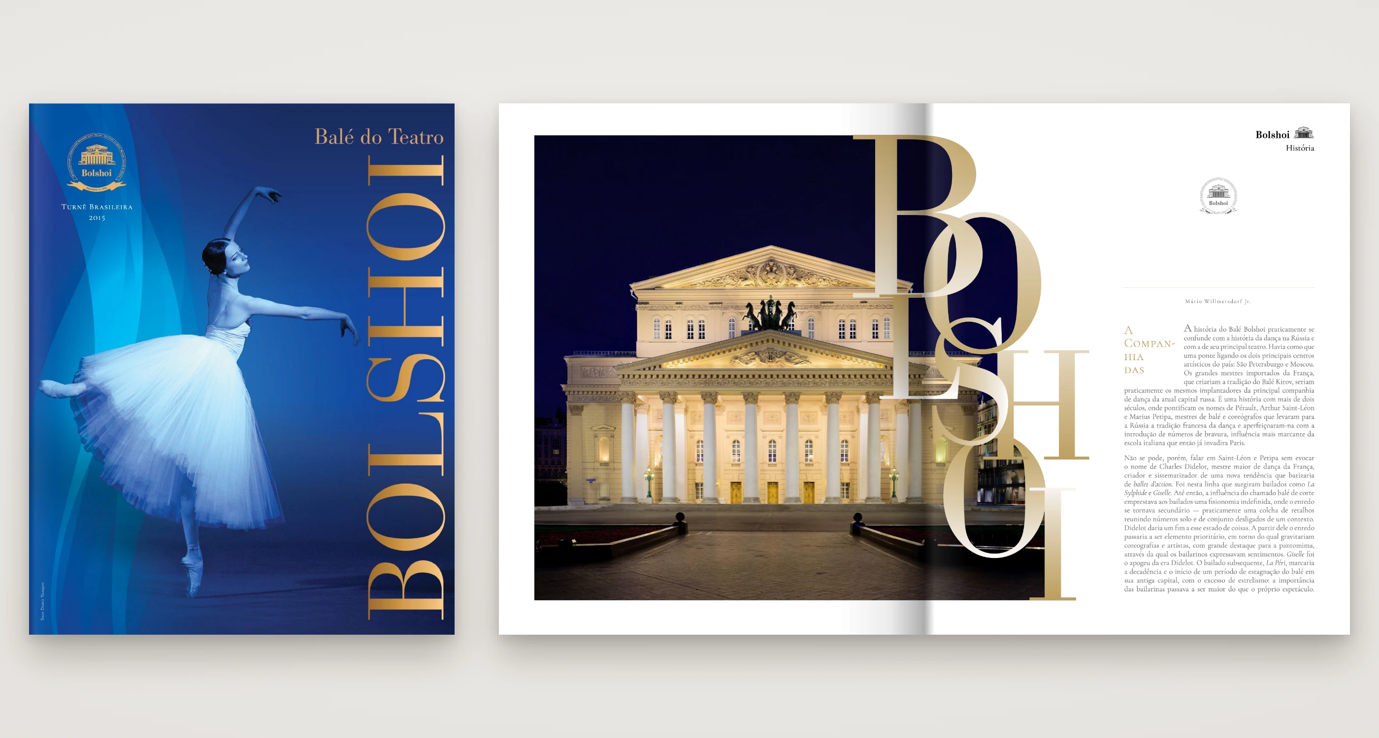 Capa da revista do Balé Bolshoi e página dupla com o prédio do teatro.