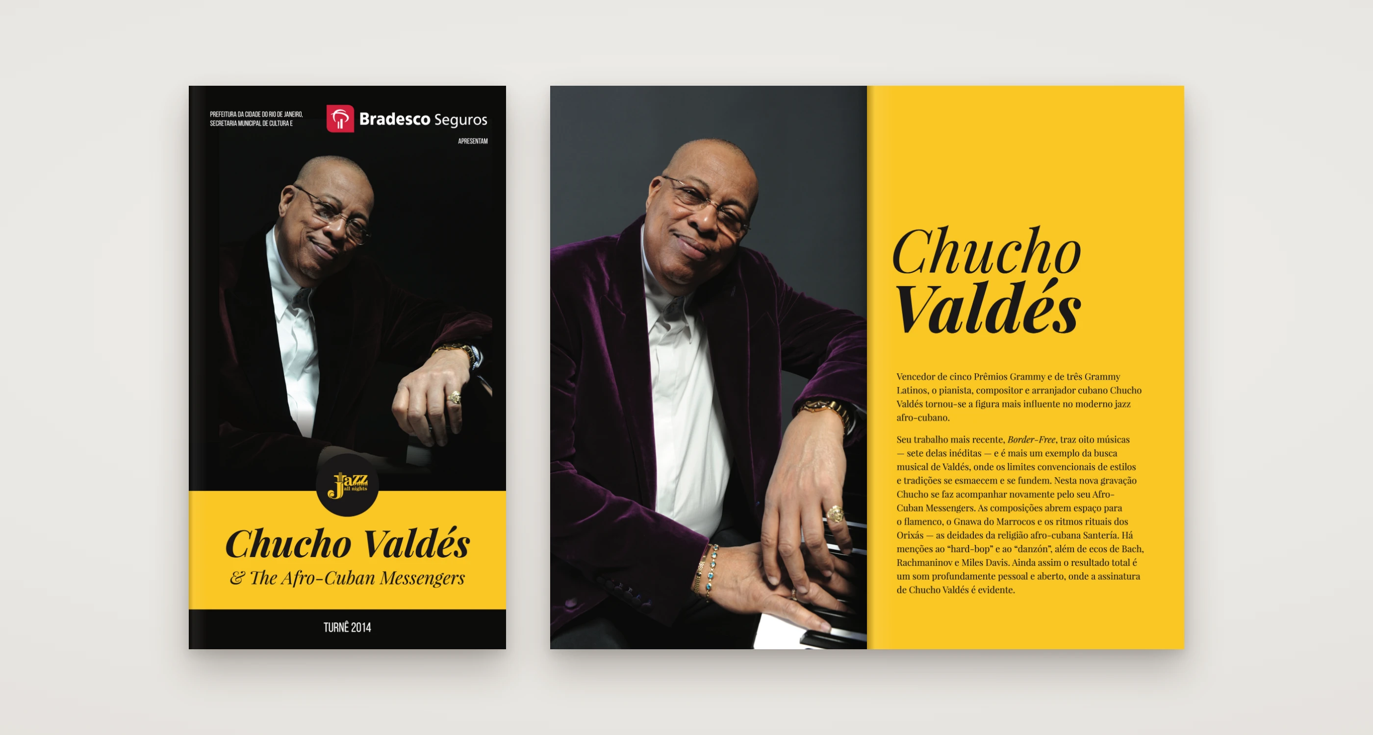 Capa e página dupla da revista de Chucho Valdés em amarelo e preto.