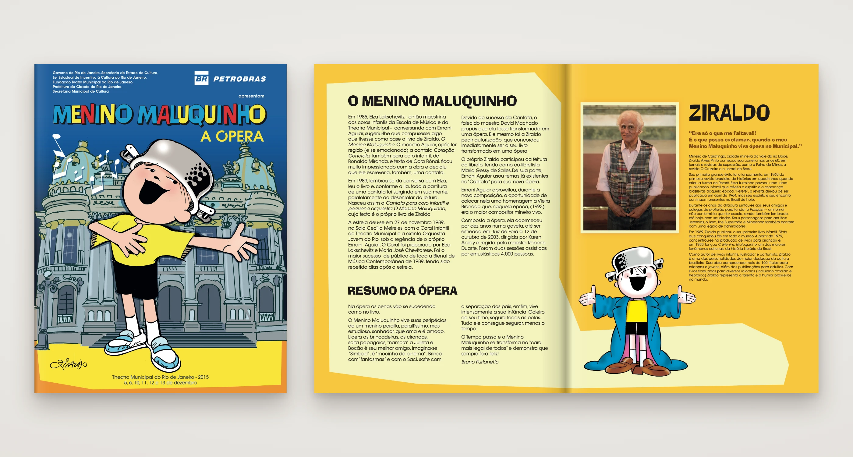 Capa e página dupla da revista de Menino Maluquinho, a Ópera, em amarelo.