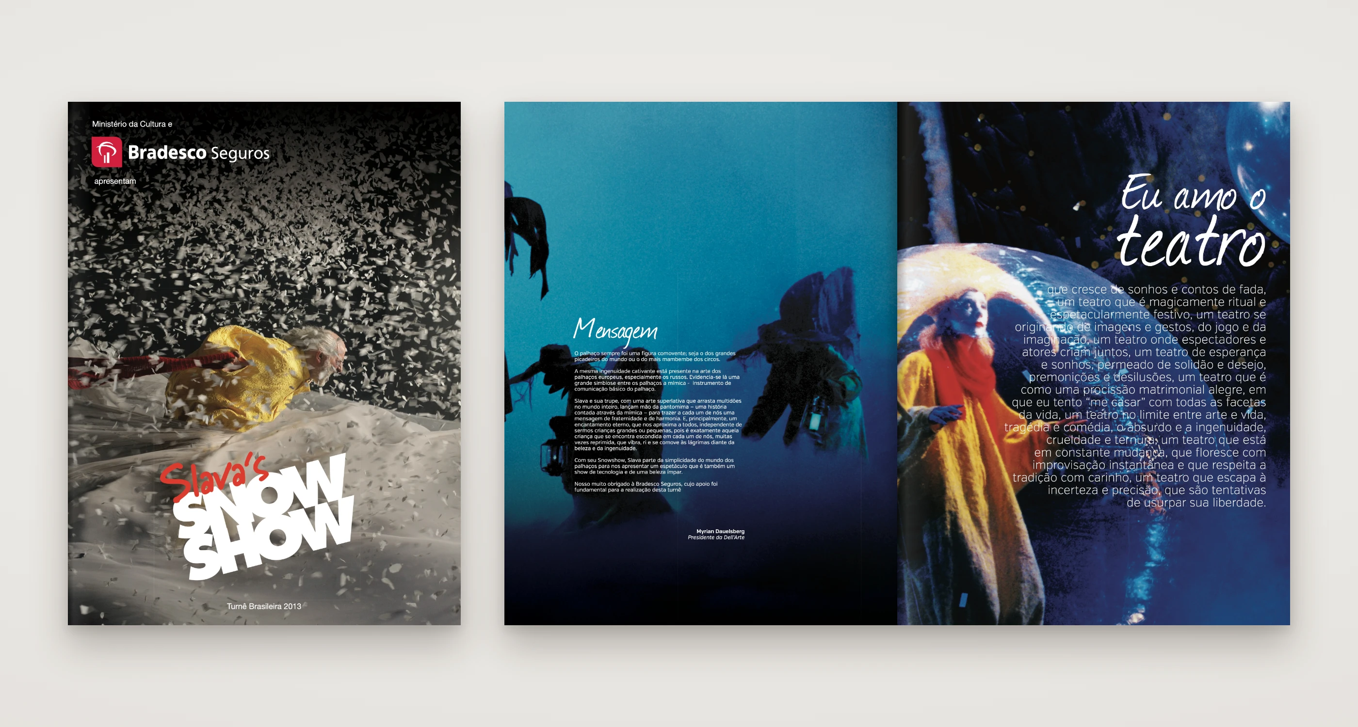 Capa e página dupla da revista do Slava’s Snowshow, em azul profundo.