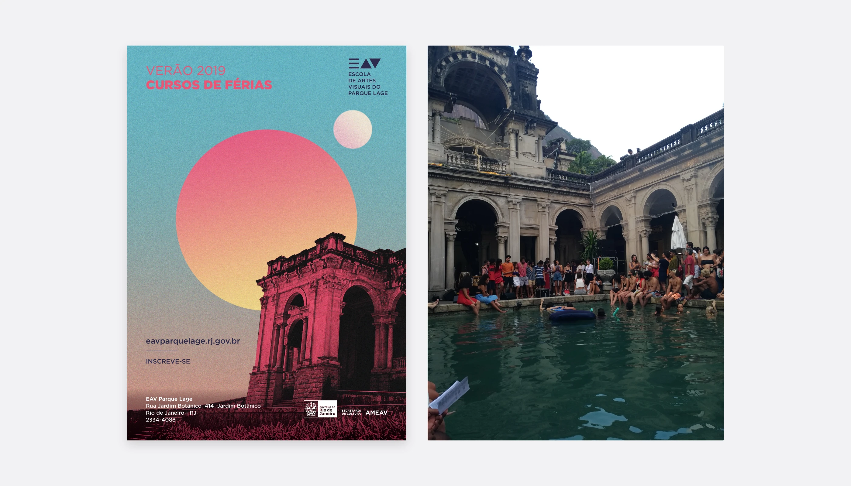 Cartaz dos cursos de férias de Verão 2019 com o Palacete em rosa, e foto do público no pátio.